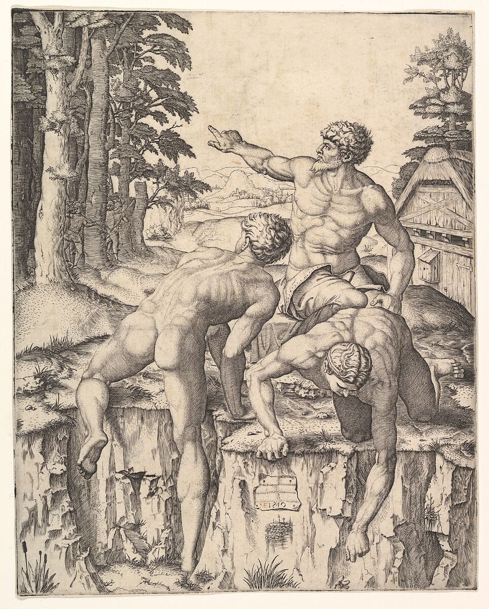 The Climbers: three naked men, one seen from behind climbing onto a river-bank, soldiers emerge from the forest in the background, Marcantonio Raimondi  Italian, Engraving