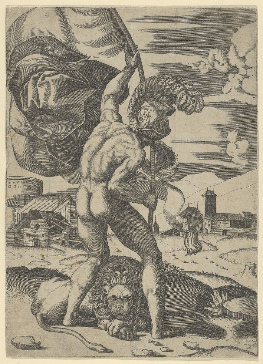 Naked man wearing an elaborate helmet viewed from behind holding a banner, a lion seated on the ground, Marcantonio Raimondi (Italian, Argini (?) ca. 1480–before 1534 Bologna (?)), Engraving 