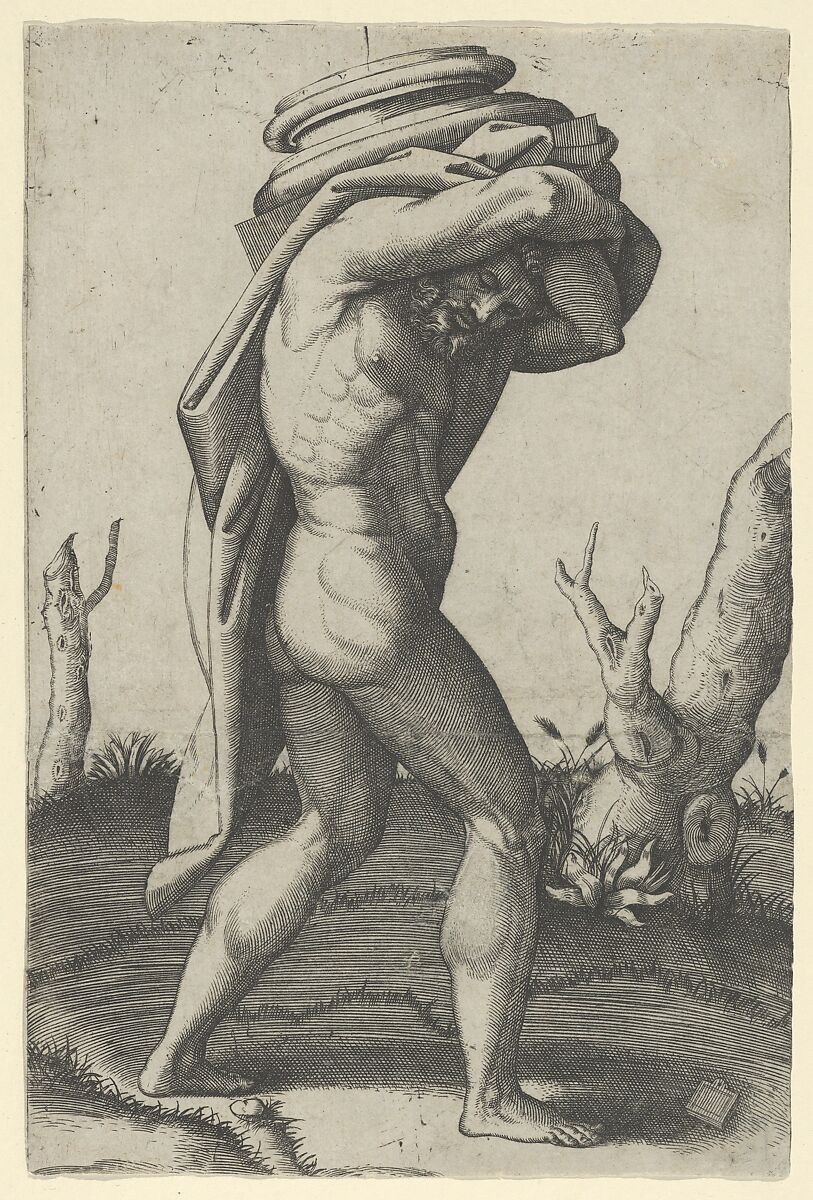 Naked man walking to the right carrying a column base, Marcantonio Raimondi (Italian, Argini (?) ca. 1480–before 1534 Bologna (?)), Engraving 