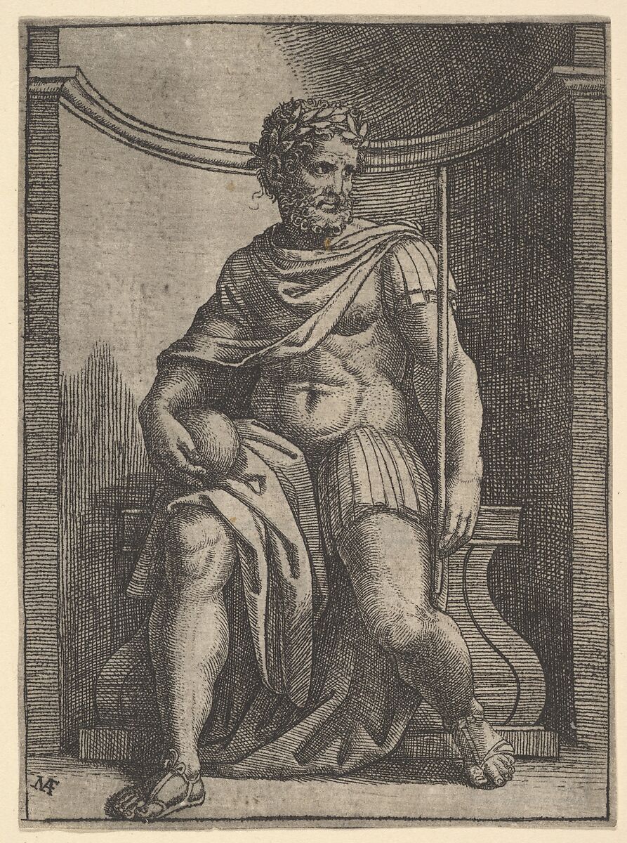 A  Roman emperor sitting in a niche holding a globe and sceptre and looking to his left, Marcantonio Raimondi (Italian, Argini (?) ca. 1480–before 1534 Bologna (?)), Engraving 