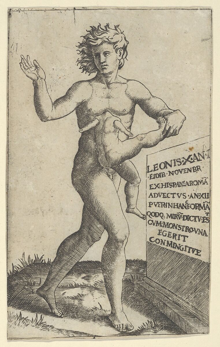 A naked youth holding in left hand a deformed child, Marcantonio Raimondi (Italian, Argini (?) ca. 1480–before 1534 Bologna (?)), Engraving 