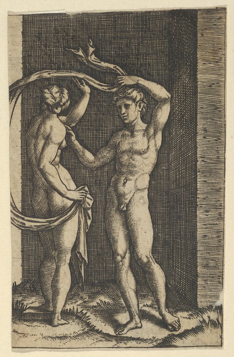 Nude woman viewed from behind holding fabric which blows behind her, looking at male nude standing in contrapposto in front of her., Marcantonio Raimondi (Italian, Argini (?) ca. 1480–before 1534 Bologna (?)), Engraving; only state 