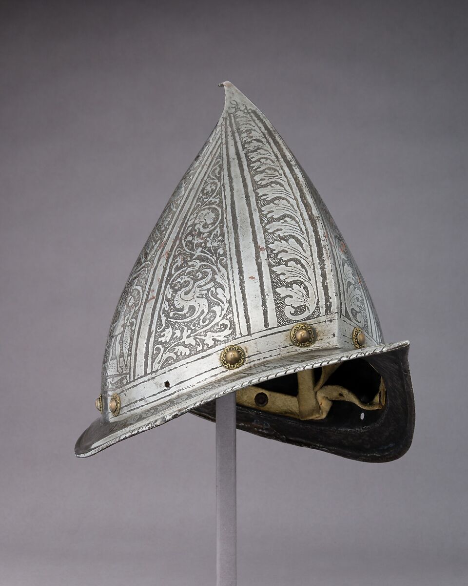 Morion-Cabasset, Steel, brass, leather, Italian 