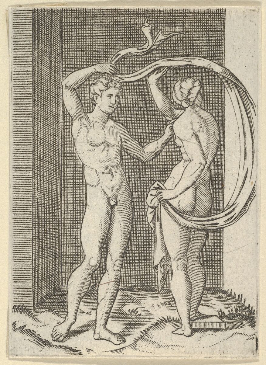 Naked woman viewed from behind holding fabric which billows behind her, looking at naked man standing before her, Anonymous, Engraving 