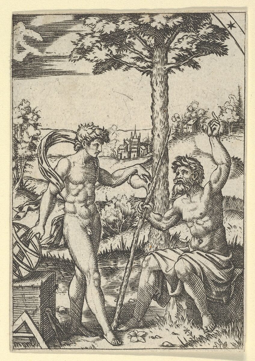 Seated old shepherd gesturing towards the sky and speaking to nude male surrounded by tools of measurement, Anonymous, Engraving; Copy 