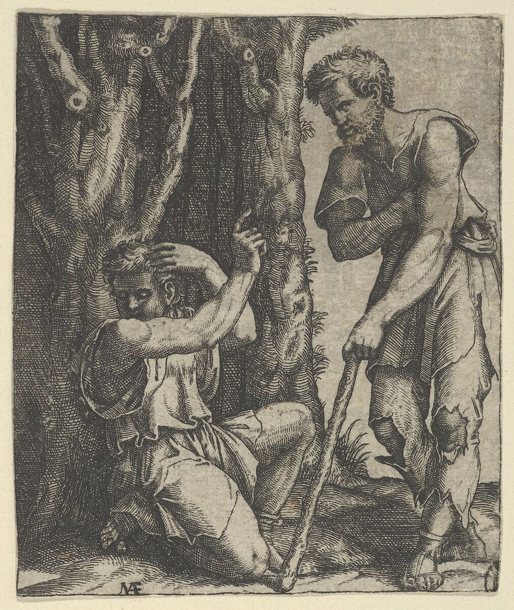 Man kneeling at the edge of a wood pointing with his right hand towards a shepherd standing in front of him leaning on a staff, Marcantonio Raimondi (Italian, Argini (?) ca. 1480–before 1534 Bologna (?)), Engraving; only state 