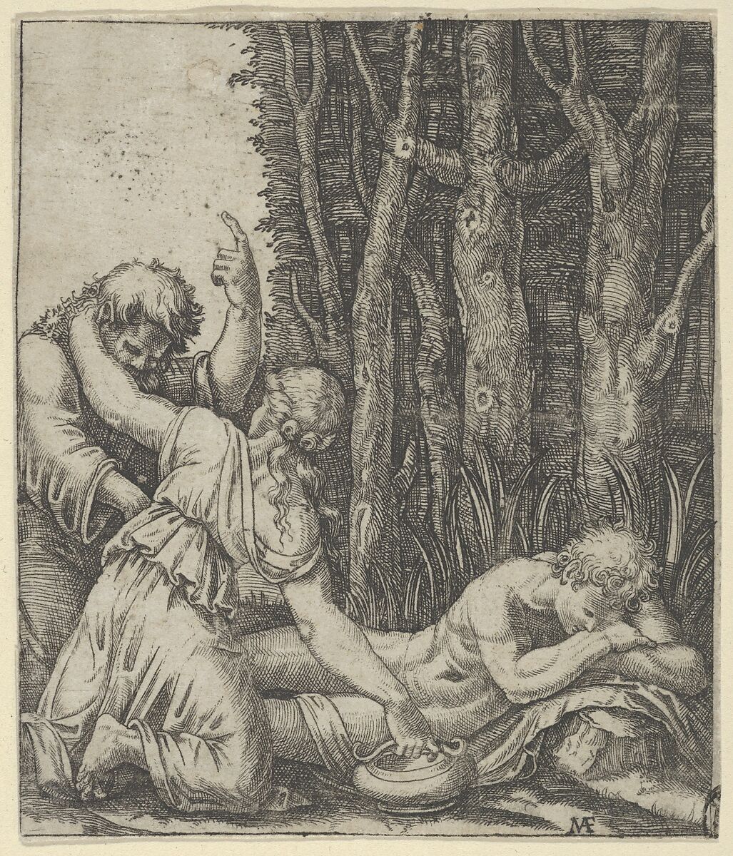 Man sleeping at the edge of a wood with a woman knealing at his side with one hand on a pot and the other on the shoulder of an old man who gestures with left hand towards the sky, Marcantonio Raimondi (Italian, Argini (?) ca. 1480–before 1534 Bologna (?)), Etching and engraving; only state 