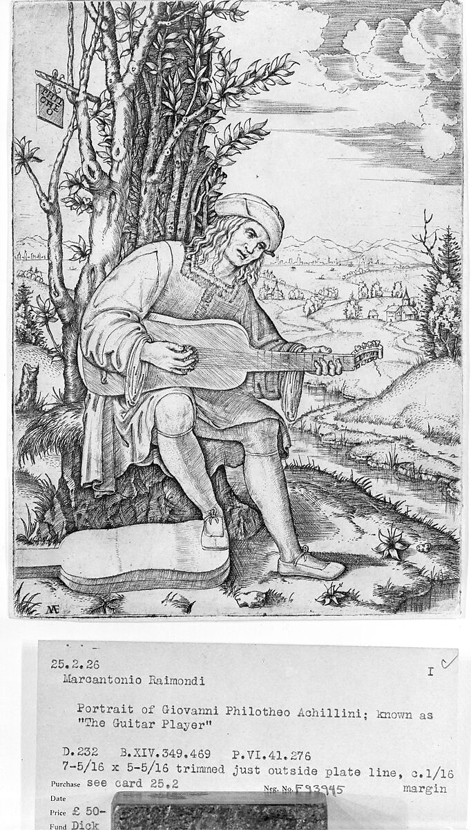 Portrait of Jean-Philotée Achillini: seated man playing guitar on hill near tree, landscape with small town in background, Marcantonio Raimondi (Italian, Argini (?) ca. 1480–before 1534 Bologna (?)), Engraving; only state 