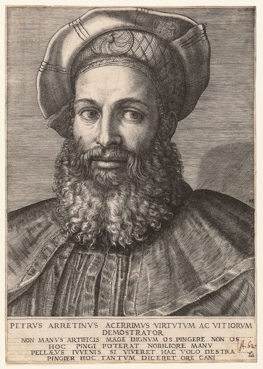 Portrait of Pietro Aretino, Marcantonio Raimondi (Italian, Argini (?) ca. 1480–before 1534 Bologna (?)), Engraving; second state of two 