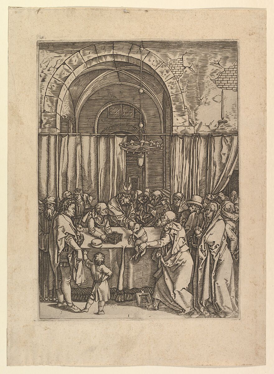 High priest refusing sacrificial lamb from Joachim, after Dürer, Marcantonio Raimondi (Italian, Argini (?) ca. 1480–before 1534 Bologna (?)), Engraving; second state of two 