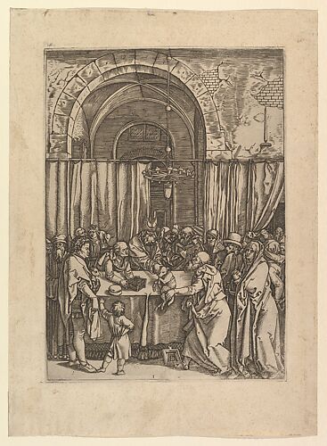 High priest refusing sacrificial lamb from Joachim, after Dürer