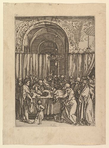 High priest refusing sacrificial lamb from Joachim, after Dürer