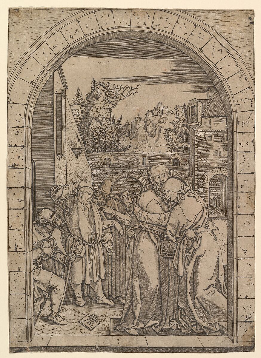 Joachim embracing Saint Anne under the golden gate in Jerusalem, after Dürer, Marcantonio Raimondi (Italian, Argini (?) ca. 1480–before 1534 Bologna (?)), Engraving; second state of two 