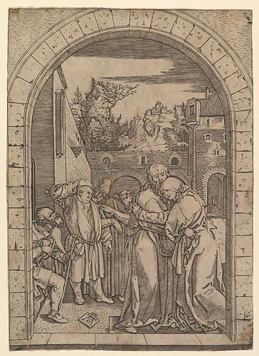 Joachim embracing Saint Anne under the golden gate in Jerusalem, after Dürer