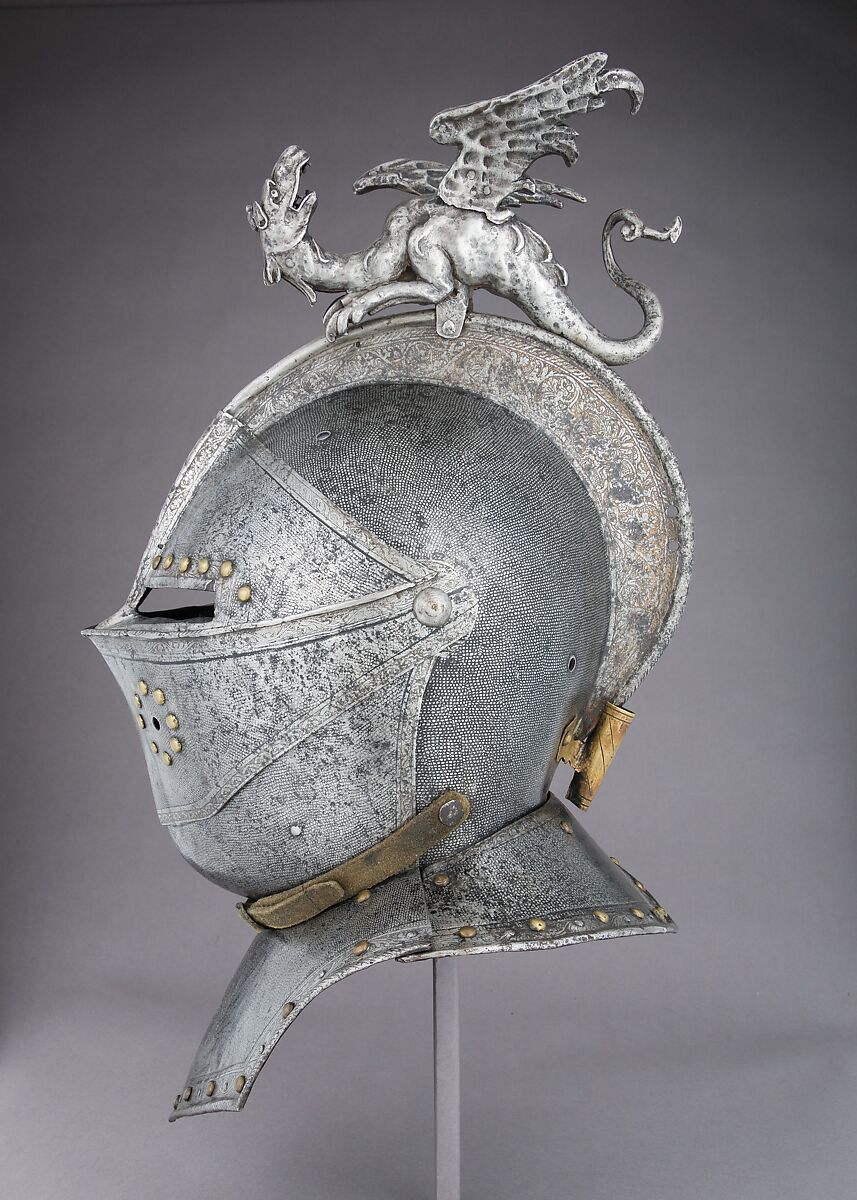 Close Helmet, Steel, gold, wrought iron, brass, French