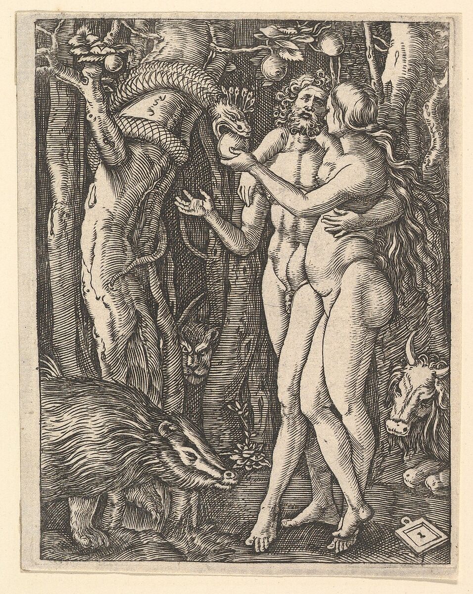 Adam and Eve with apple and serpent, from "The Passion of Christ", after Dürer, Marcantonio Raimondi (Italian, Argini (?) ca. 1480–before 1534 Bologna (?)), Engraving; third state of three 