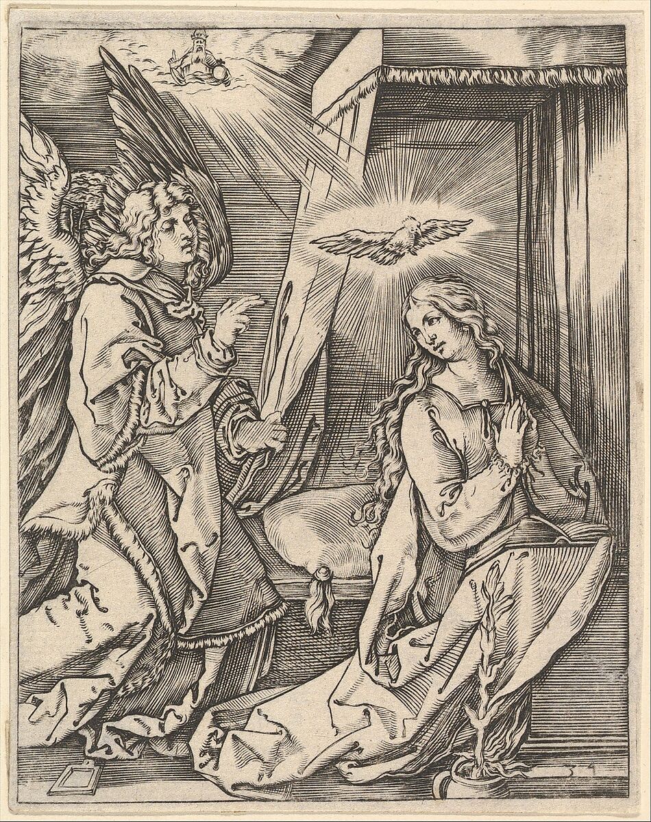 The Annunciation; on the left the archangel Gabriel approaches the praying Virgin Mary in her bedchamber, over her head a dove representing the Holy Ghost, in the sky above a figure of God the Father, from "The Passion of Christ", after Dürer, Marcantonio Raimondi (Italian, Argini (?) ca. 1480–before 1534 Bologna (?)), Engraving; second state of three 