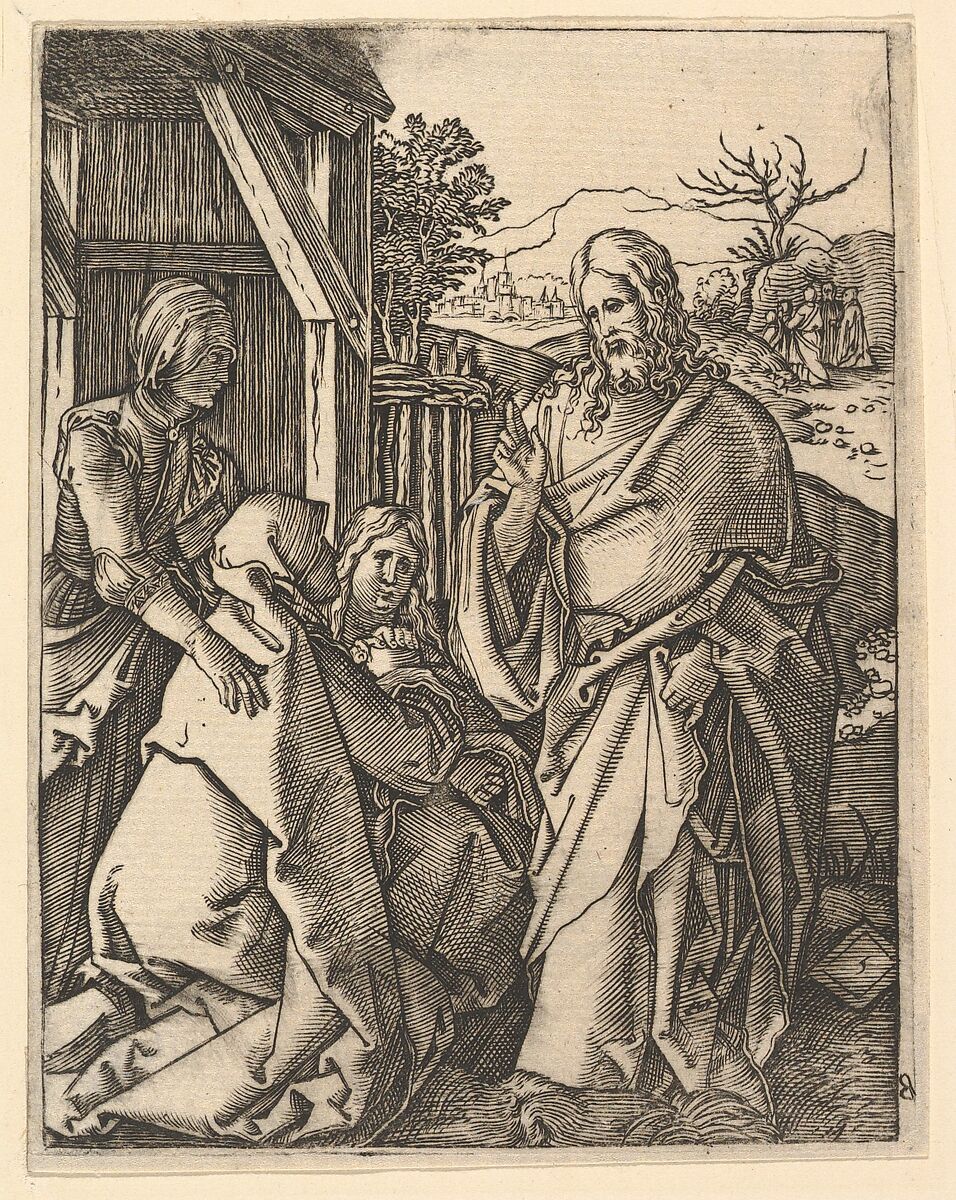 Christ Taking Leave of His Mother, from "The Passion of Christ", after Dürer, Marcantonio Raimondi (Italian, Argini (?) ca. 1480–before 1534 Bologna (?)), Engraving; third state of three 