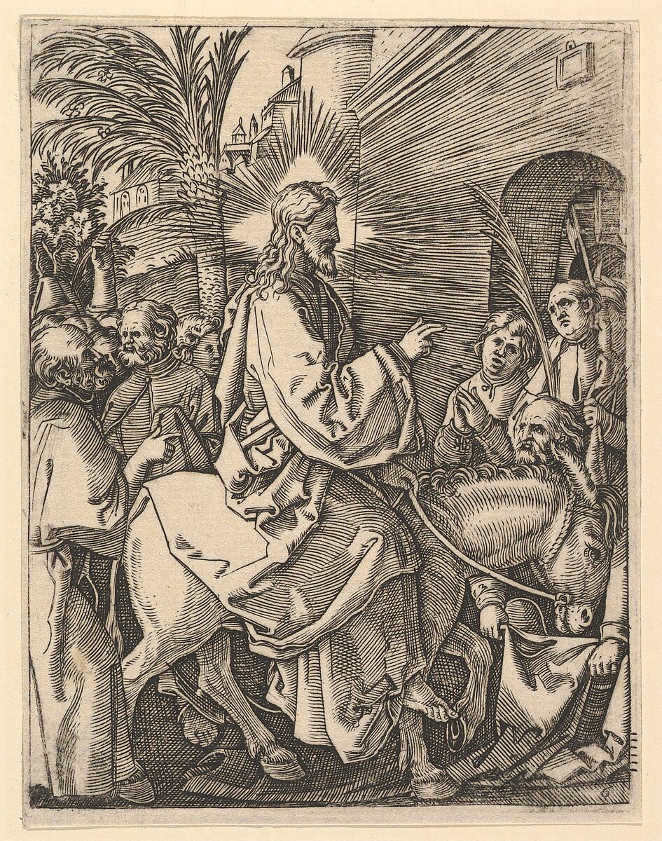 The Entry into Jerusalem;  Christ riding on a donkey towards an arched city gate; an elderly man spreads out his cloak on the road, from "The Passion of Christ", after Dürer, Marcantonio Raimondi (Italian, Argini (?) ca. 1480–before 1534 Bologna (?)), Engraving; second state of three 