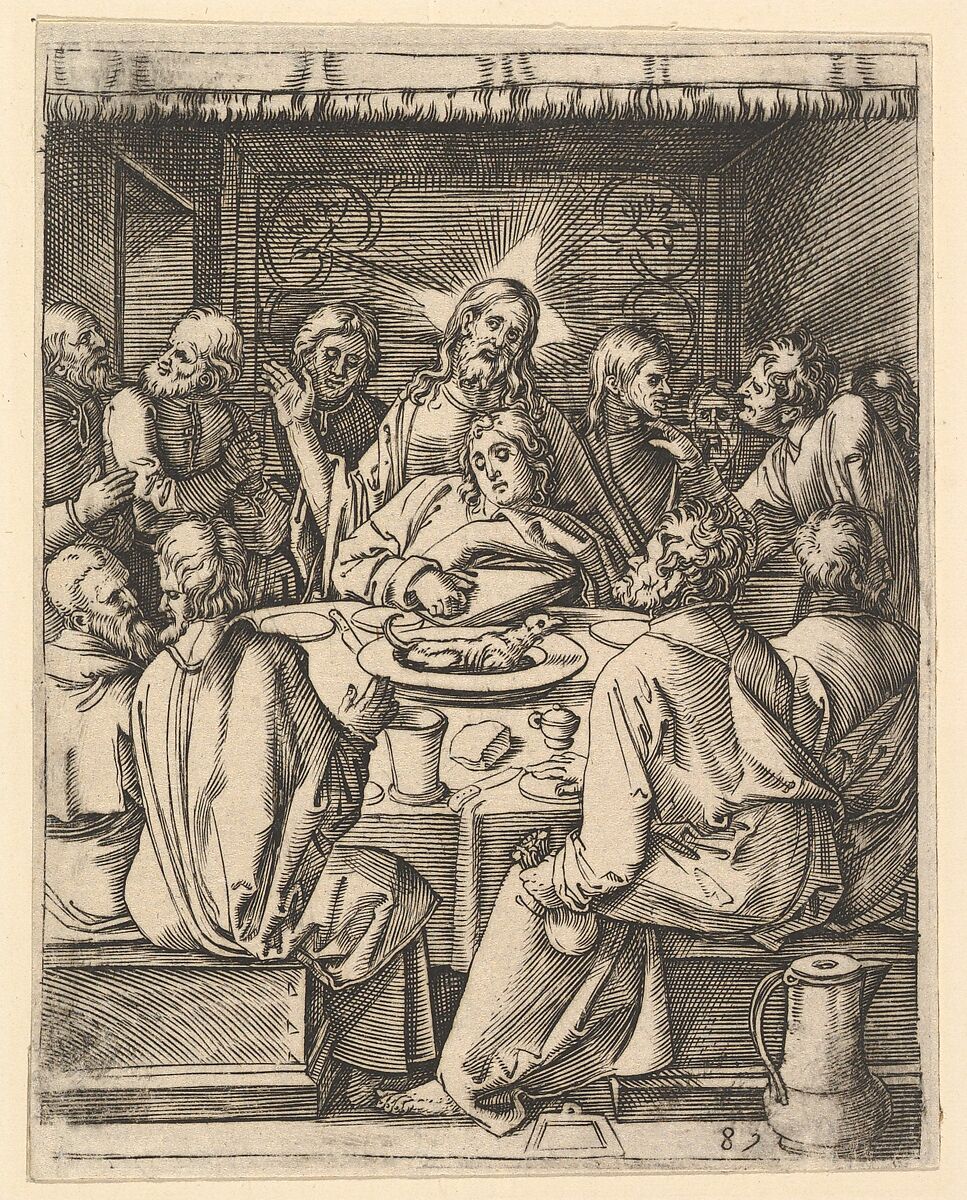 The Last Supper; The last supper with Christ sitting in the center embracing John, from "The Passion of Christ", after Dürer, Marcantonio Raimondi (Italian, Argini (?) ca. 1480–before 1534 Bologna (?)), Engraving; second state of three 