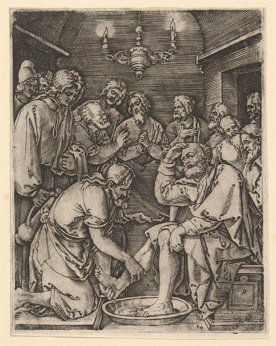 Christ kneeling and washing St Peter's feet, from "The Passion of Christ", Marcantonio Raimondi (Italian, Argini (?) ca. 1480–before 1534 Bologna (?)), Engraving; third state of three 