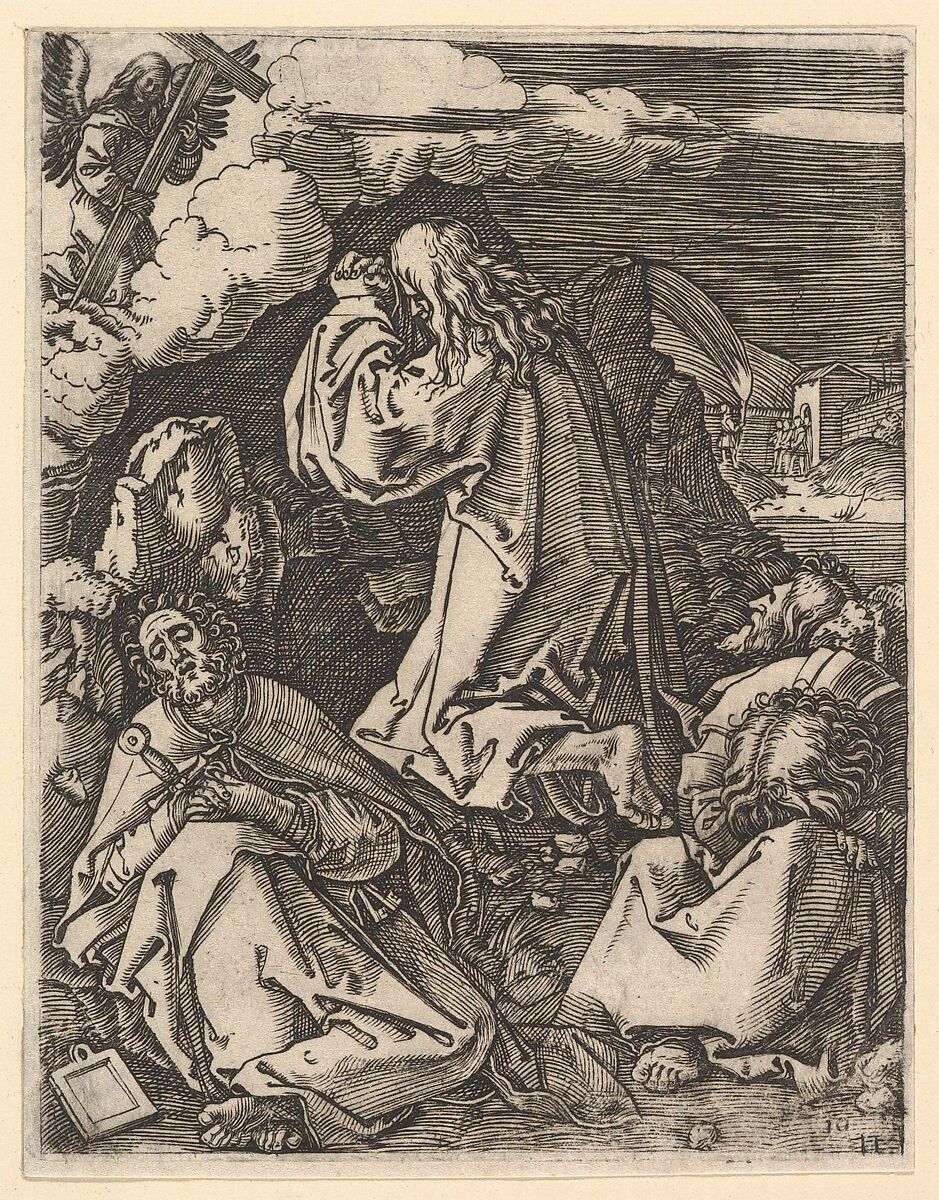 Christ praying on Mount of Olives; Roman soldiers entering through garden gate in far background, from "The Passion of Christ", after Dürer, Marcantonio Raimondi (Italian, Argini (?) ca. 1480–before 1534 Bologna (?)), Engraving; third state of three 