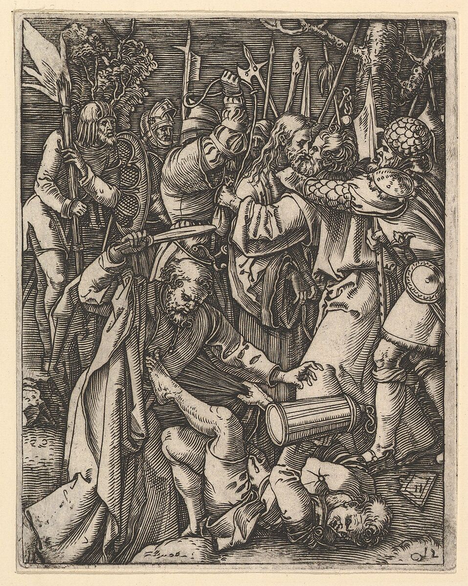 Judas kissing Christ surrounded by soldiers; St Peter attacking Malchus in foreground, from "The Passion of Christ", after Dürer, Marcantonio Raimondi (Italian, Argini (?) ca. 1480–before 1534 Bologna (?)), Engraving; third state of three 