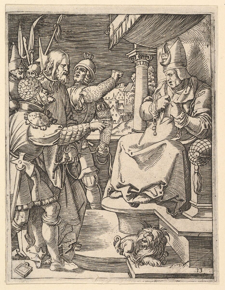 Christ before Caiaphas: soldiers present Christ to seated hight priest who tears his garments, from "The Passion of Christ", after Dürer, Marcantonio Raimondi (Italian, Argini (?) ca. 1480–before 1534 Bologna (?)), Engraving; second state of three 