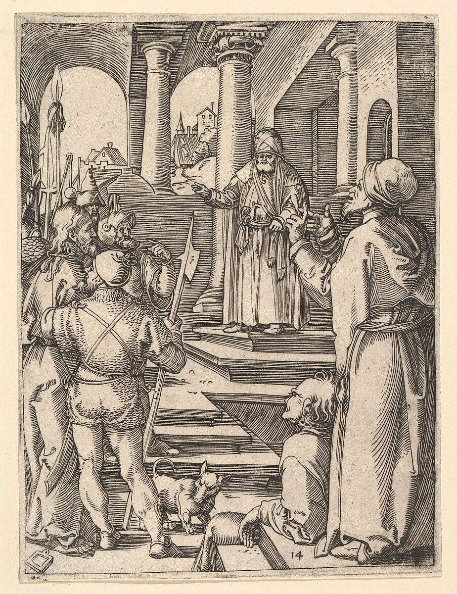 Christ presented to Pilate by henchmen, from "The Passion of Christ", after Dürer, Marcantonio Raimondi (Italian, Argini (?) ca. 1480–before 1534 Bologna (?)), Engraving; second state of three 