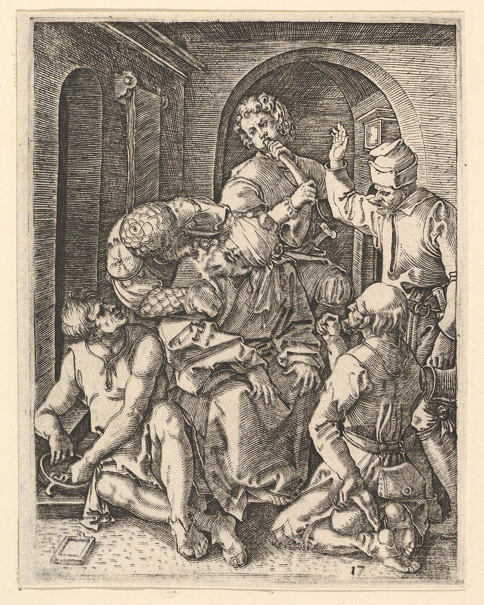 The mocking of Christ who is seated in center, blindfolded, from "The Passion of Christ", after Dürer, Marcantonio Raimondi (Italian, Argini (?) ca. 1480–before 1534 Bologna (?)), Engraving; second state of three 