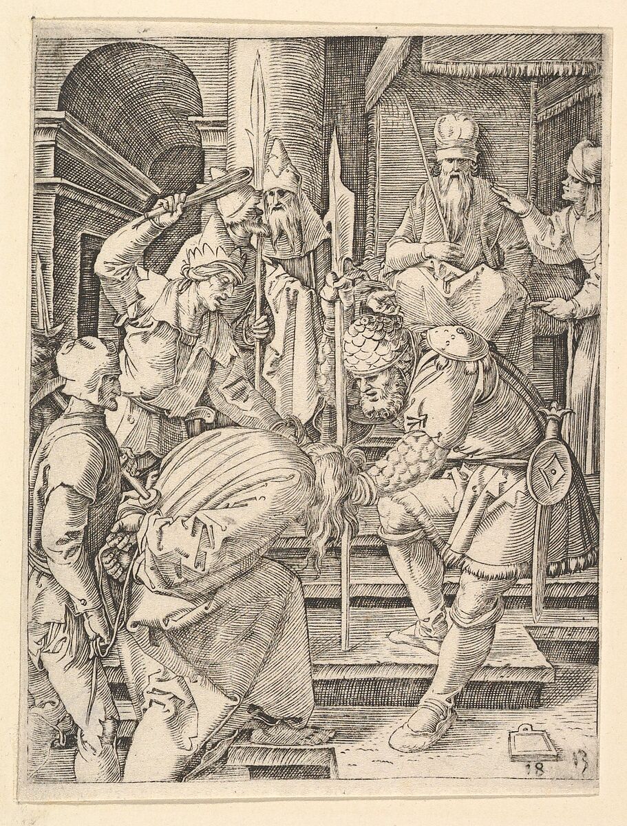 Christ captured and being dragged by hair up steps before the throne of the high priest  Annas, from "The Passion of Christ", after Dürer, Marcantonio Raimondi (Italian, Argini (?) ca. 1480–before 1534 Bologna (?)), Engraving; second state of three 