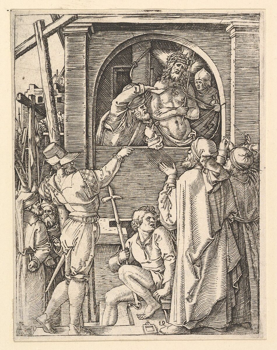 Ecce Homo: Christ wearing the crown of thorns standing in a loggia presented to a crowd, from "The Passion of Christ", after Dürer, Marcantonio Raimondi (Italian, Argini (?) ca. 1480–before 1534 Bologna (?)), Engraving; second state of three 