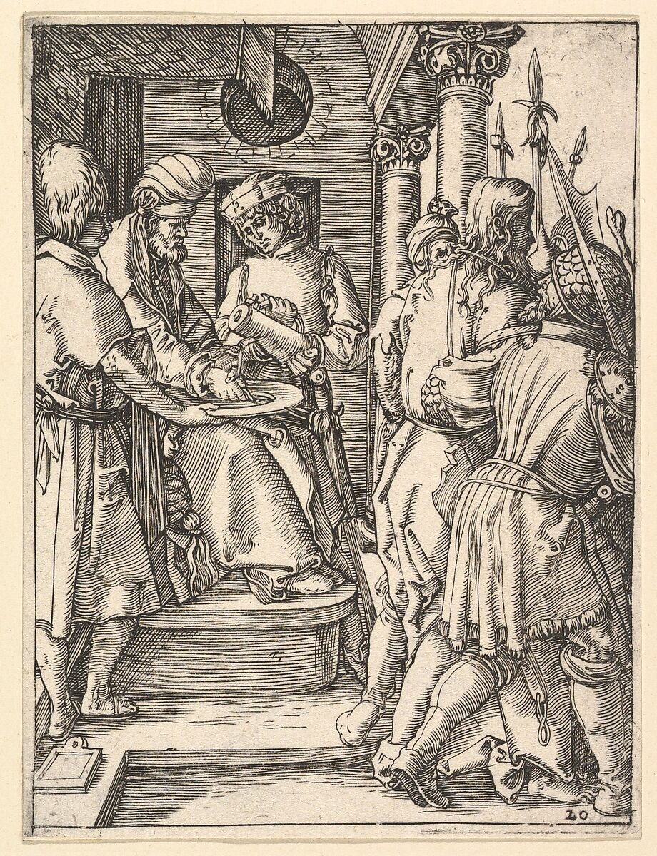 Pilate sitting on throne and washing hands while Christ is lead away by henchmen, from "The Passion of Christ", after Dürer, Marcantonio Raimondi (Italian, Argini (?) ca. 1480–before 1534 Bologna (?)), Engraving 