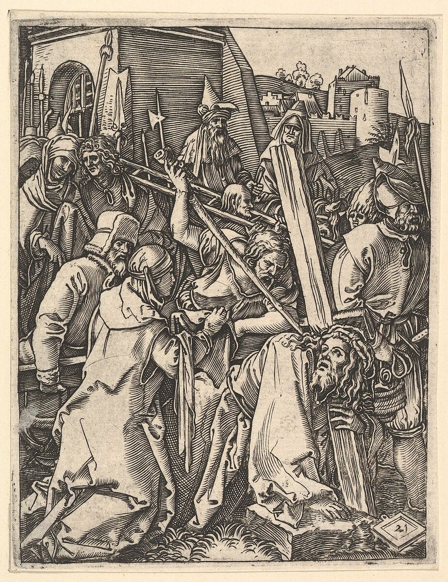 The Bearing of the Cross; Christ bearing the cross, supporting himself with one arm on the ground, from "The Passion of Christ", after Dürer, Marcantonio Raimondi (Italian, Argini (?) ca. 1480–before 1534 Bologna (?)), Engraving; third state of three 