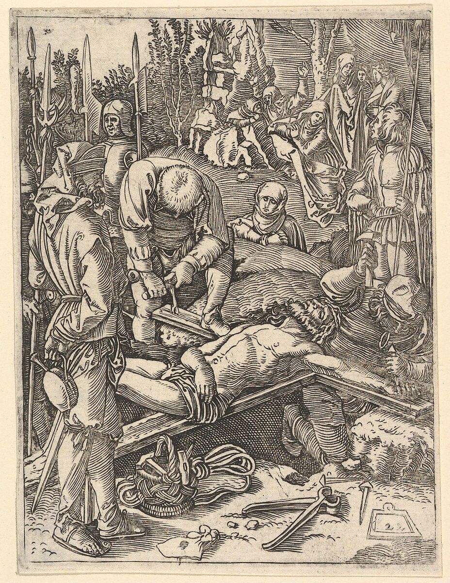 Two men nailing Christ to the cross before onlookers, from "The Passion of Christ", after Dürer, Marcantonio Raimondi (Italian, Argini (?) ca. 1480–before 1534 Bologna (?)), Engraving; third state of three 