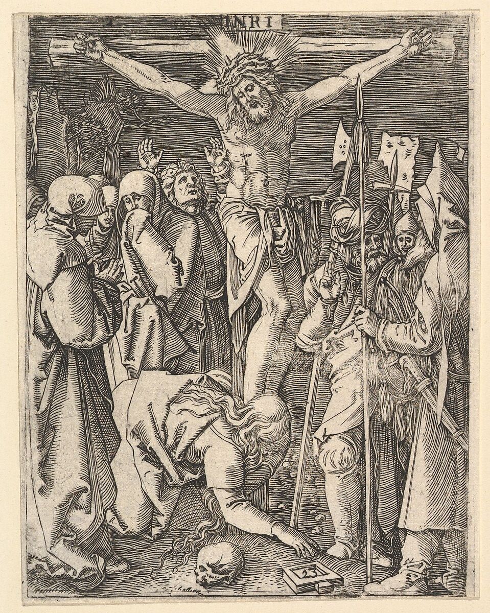 The Crucifixion: Christ on the cross with Magdalen in foreground, from "The Passion of Christ", after Dürer, Marcantonio Raimondi (Italian, Argini (?) ca. 1480–before 1534 Bologna (?)), Engraving; third state of three 