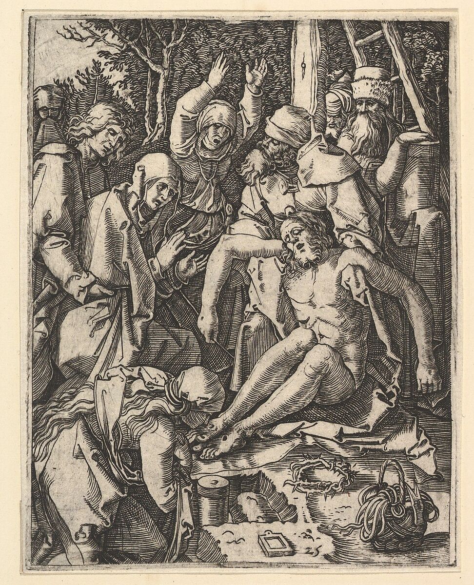The Deposition; Christ being taken from the Cross, a man on a ladder is holding the body while St John is supporting the weight with a cloth rope, from "The Passion of Christ", after Dürer, Marcantonio Raimondi (Italian, Argini (?) ca. 1480–before 1534 Bologna (?)), Engraving; second state of three 
