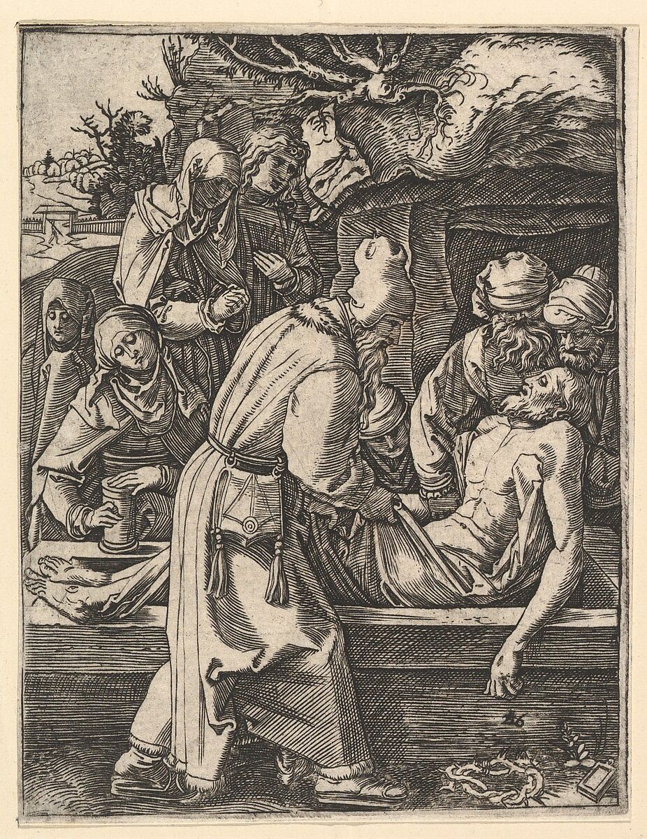 The Entombment, from "The Passion of Christ", after Dürer, Marcantonio Raimondi (Italian, Argini (?) ca. 1480–before 1534 Bologna (?)), Engraving; second state of three 
