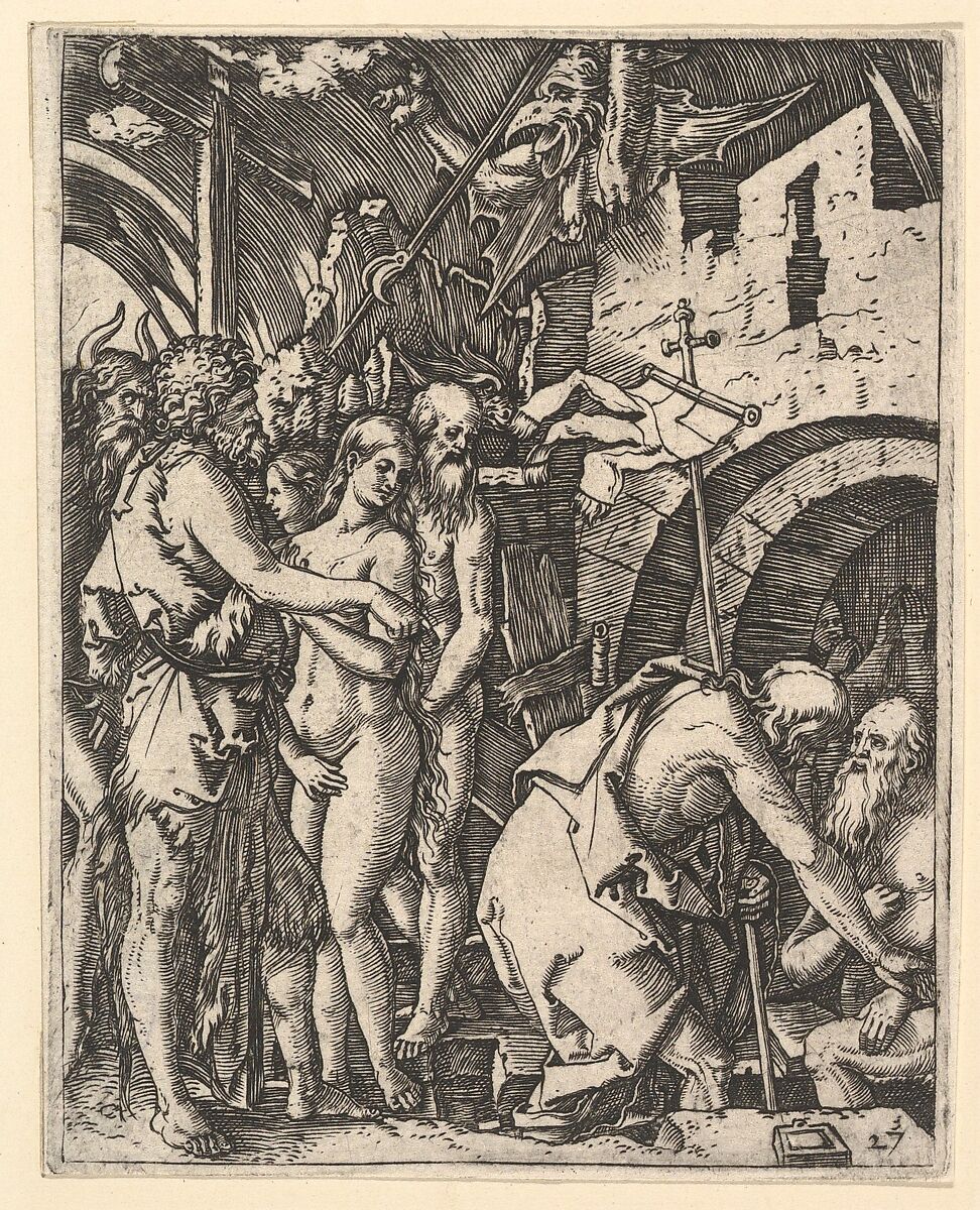 Christ in Limbo; Christ walking down to the arched gateway to Limbo on the right, on the left a group of people including Moses, John the Baptist, Adam and Eve, from "The Passion of Christ", after Dürer, Marcantonio Raimondi (Italian, Argini (?) ca. 1480–before 1534 Bologna (?)), Engraving; second state of three 