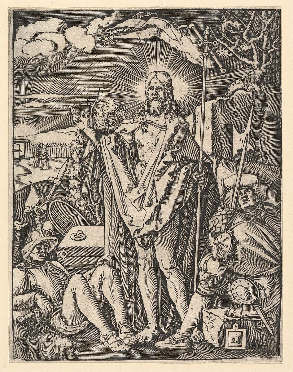 The Resurrection; Christ standing in front of a closed tomb, holding a flag and giving a blessing, guards sleeping in the foreground, from "The Passion of Christ", after Dürer, Marcantonio Raimondi (Italian, Argini (?) ca. 1480–before 1534 Bologna (?)), Engraving; third state of three 