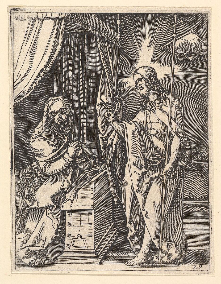 Christ appearing to Mary who is kneeling in prayer, from "The Passion of Christ", after Dürer, Marcantonio Raimondi (Italian, Argini (?) ca. 1480–before 1534 Bologna (?)), Engraving; second state of two 