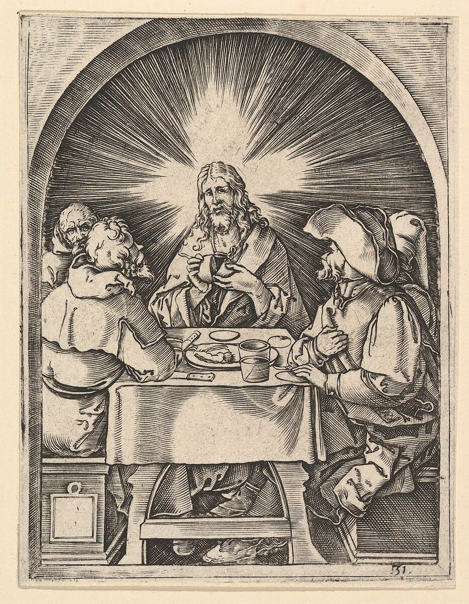 Christ at Emmaus, from "The Passion of Christ", after Dürer, Marcantonio Raimondi (Italian, Argini (?) ca. 1480–before 1534 Bologna (?)), Engraving; second state of three 