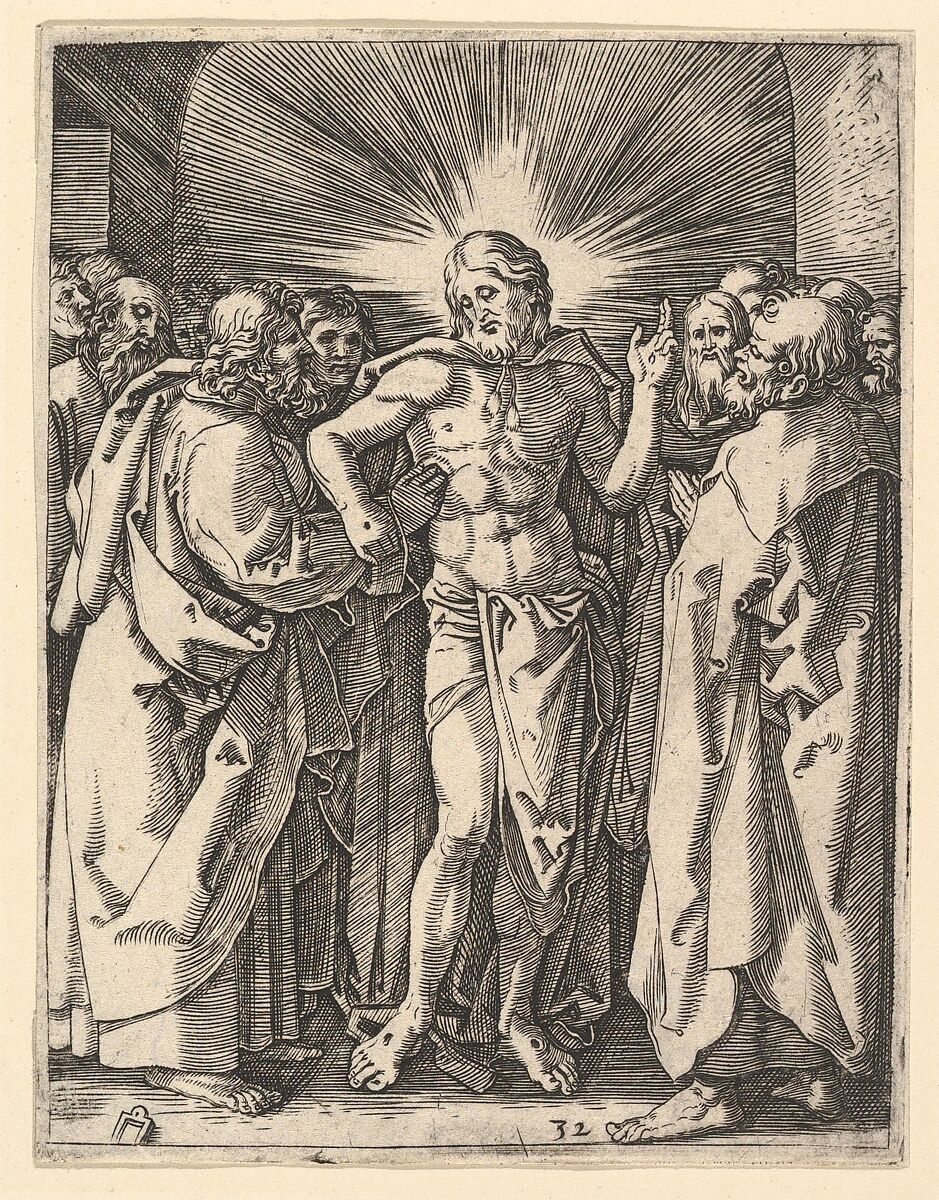 The Doubting Thomas; Christ among his disciples, Saint Thomas touching Christ's wound, from "The Passion of Christ", after Dürer, Marcantonio Raimondi (Italian, Argini (?) ca. 1480–before 1534 Bologna (?)), Engraving; second state of three 