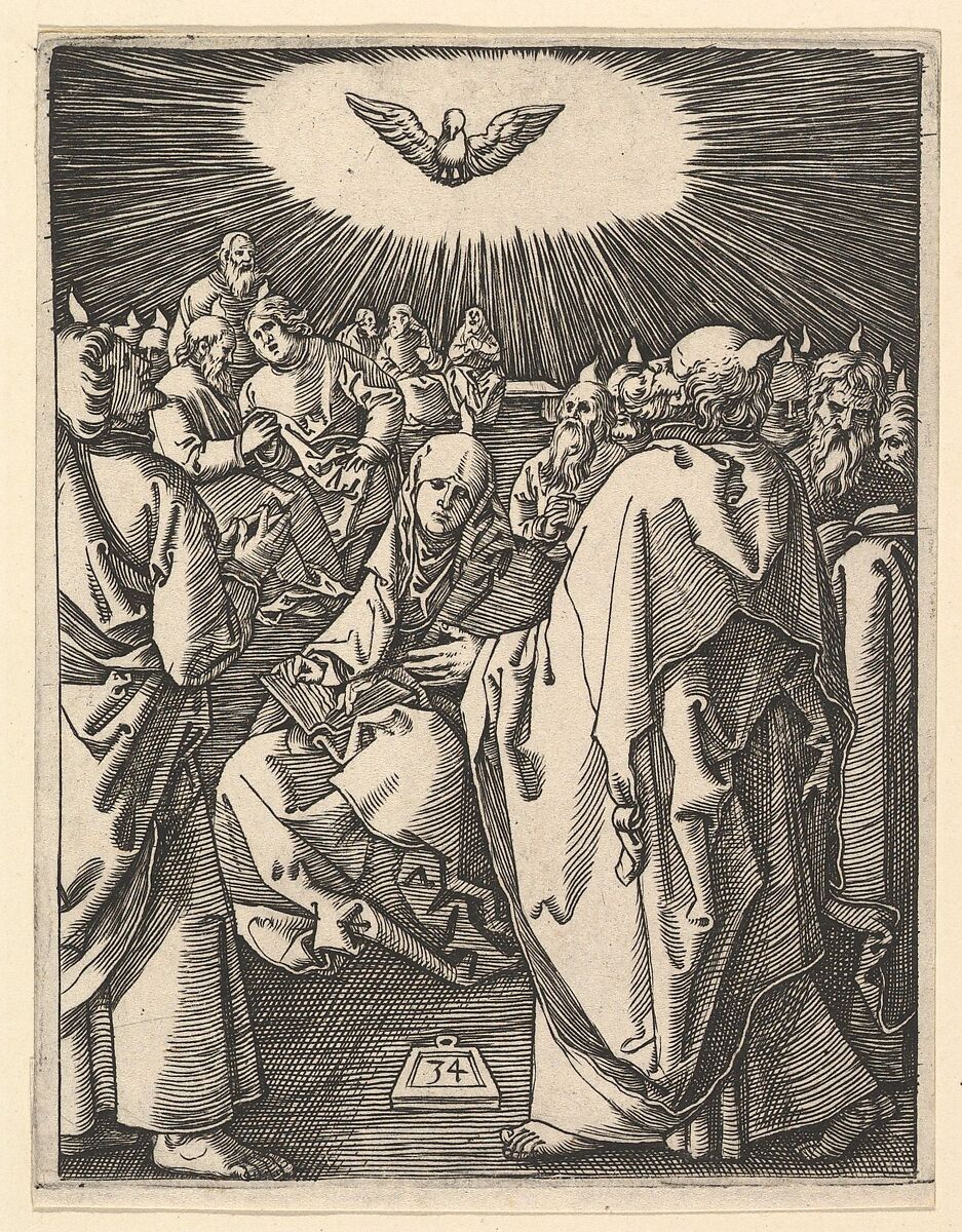 The Pentecost; the Holy Dove appears above, below sits the Virgin surrounded by  Apostles, from "The Passion of Christ", after Dürer, Marcantonio Raimondi (Italian, Argini (?) ca. 1480–before 1534 Bologna (?)), Engraving; third state of three 