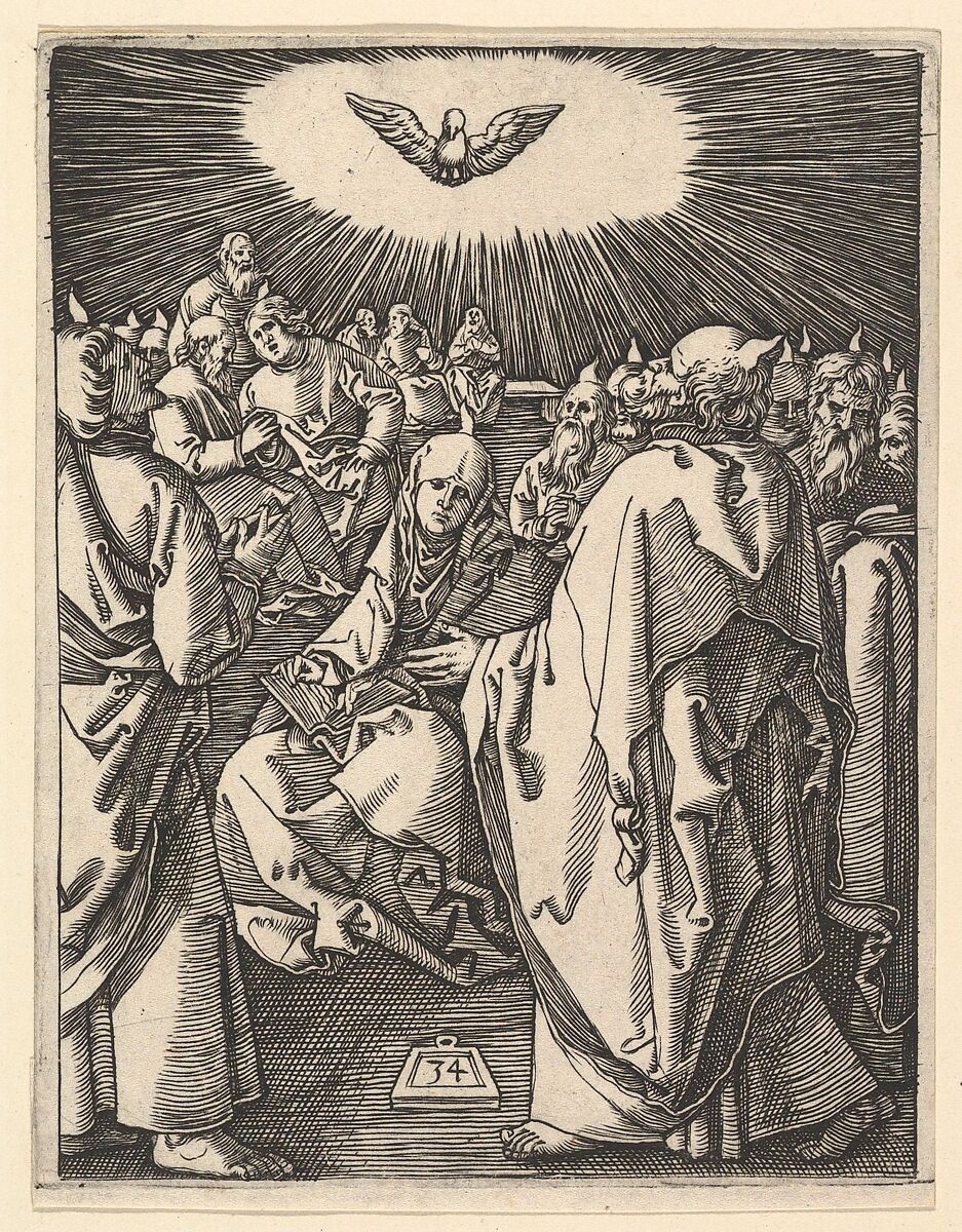 The Pentecost; the Holy Dove appears above, below sits the Virgin surrounded by  Apostles, from "The Passion of Christ", Marcantonio Raimondi (Italian, Argini (?) ca. 1480–before 1534 Bologna (?)), Engraving; third state of three 