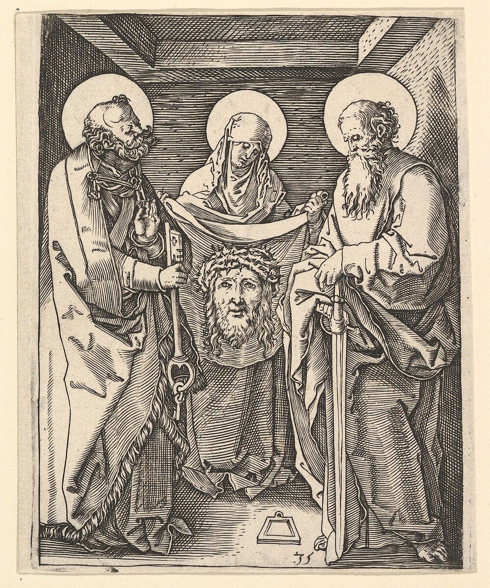 Shroud of Oviedo: Virgin Mary holds open shroud for Saint Peter and Saint Paul, from "The Passion of Christ", after Dürer, Marcantonio Raimondi (Italian, Argini (?) ca. 1480–before 1534 Bologna (?)), Engraving; second state of three 