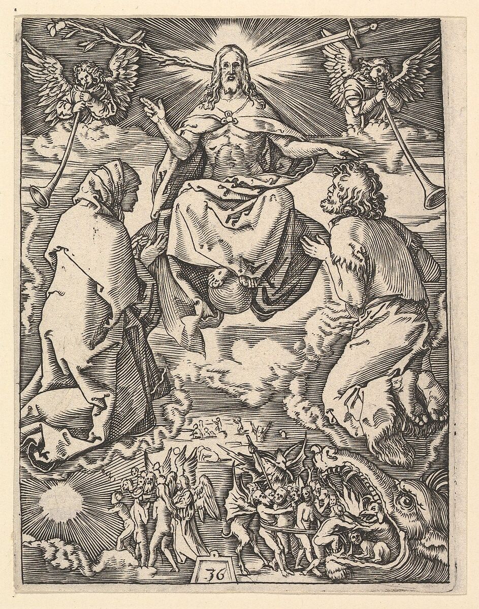 The Last Judgment; Christ with lily and sword at top, flanked by Virgin and St John the Baptist interceeding on behalf of the humans below, from "The Passion of Christ", after Dürer, Marcantonio Raimondi (Italian, Argini (?) ca. 1480–before 1534 Bologna (?)), Engraving; third state of three 