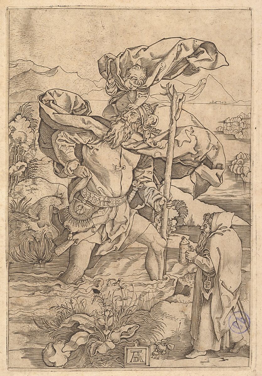 Saint Christopher crossing the river with Christ in the form of a putto on his shoulders and a hermit in the foreground, Marcantonio Raimondi (Italian, Argini (?) ca. 1480–before 1534 Bologna (?)), Engraving; only state 