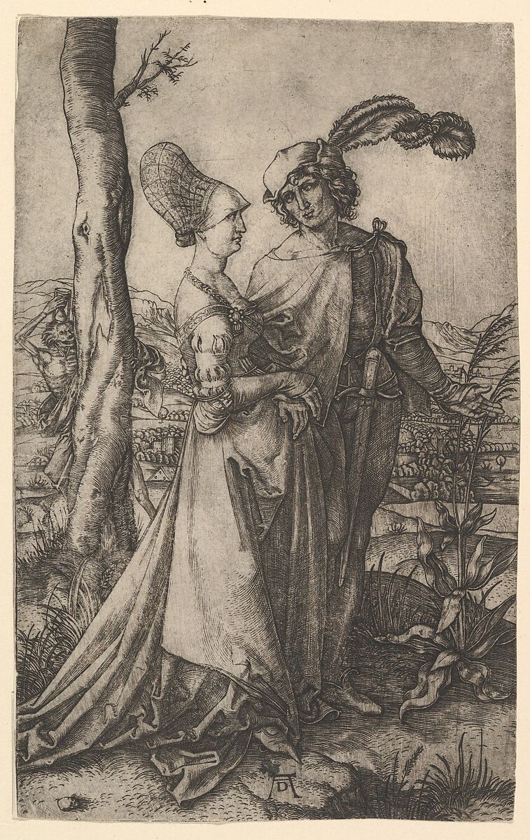 Lord and lady walking with figure of death hiding behind a tree, holding an hourglass, The Promenade after Dürer, Marcantonio Raimondi (Italian, Argini (?) ca. 1480–before 1534 Bologna (?)), Engraving; only state 