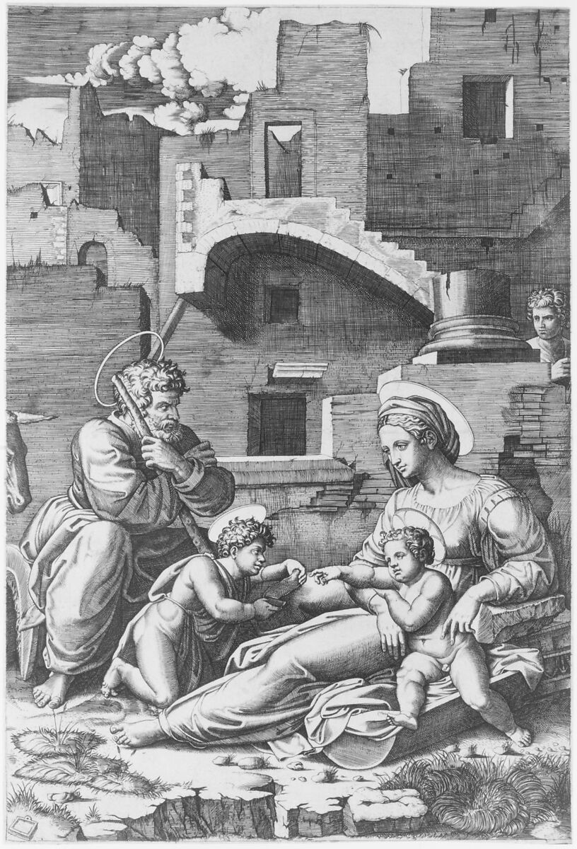 The 'Virgin with the long thigh' sitting with the Christ Child, St John the Baptist and St Joseph, Marcantonio Raimondi (Italian, Argini (?) ca. 1480–before 1534 Bologna (?)), Engraving 